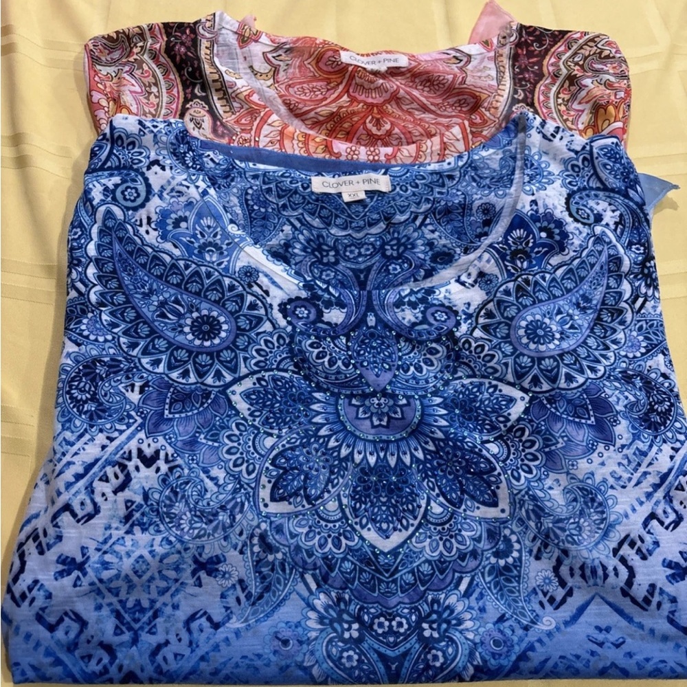 Clover + Pine Tunic Blouse‎ Womens XXL Multicolor Paisley Short Sleeve Set Of 2